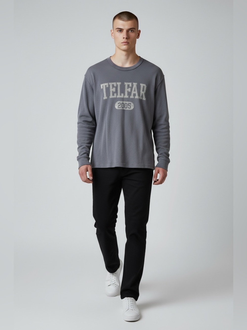 TELFAR 2005 Logo Waffle Thermal Long Sleeve – Washed Charcoal/Blue Gray.